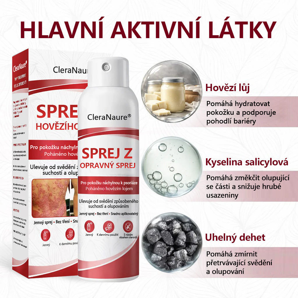 🔴CleraNature® Sprej s Hovězím Tvarohem pro Svědící, Olupující se Pokožku Při Psoriáze