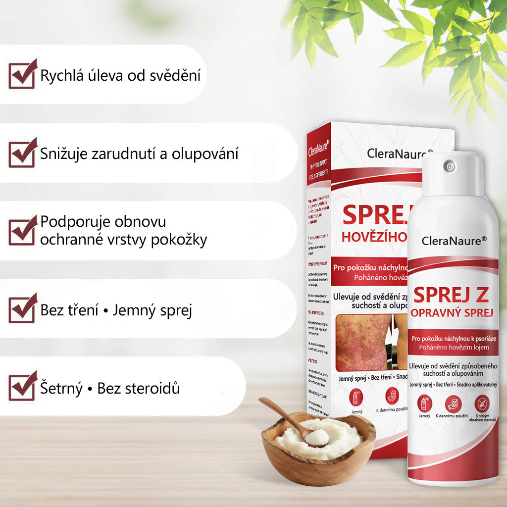 🔴CleraNature® Sprej s Hovězím Tvarohem pro Svědící, Olupující se Pokožku Při Psoriáze