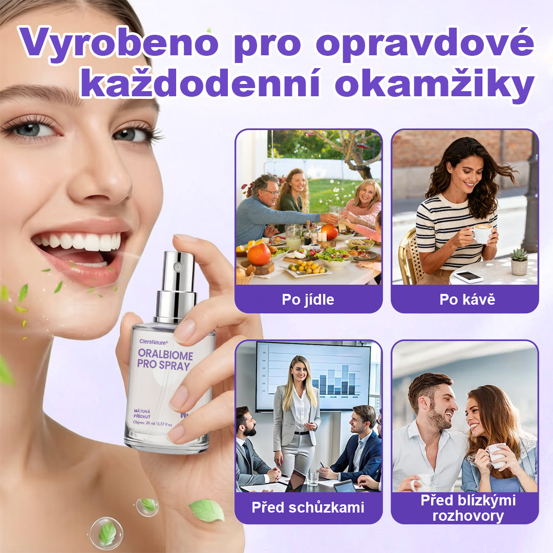 ✨ MODERNIZACE SVĚŽÍHO DECHU PRO KAŽDODENNÍ POUŽITÍ 💜 CleraNaure® OralBiome Pro Spray 🦷 Probiotická podpora pro svěží dech, pohodlí dásní a ústní rovnováhu ✨